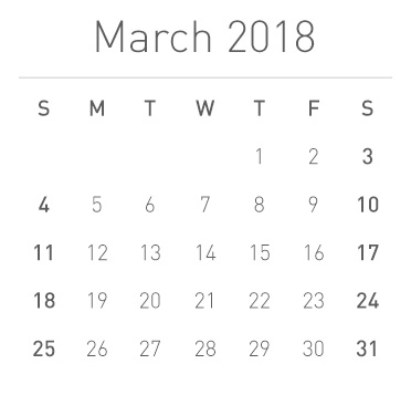 Calendar for March 2018