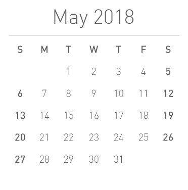 Calendar for May 2018